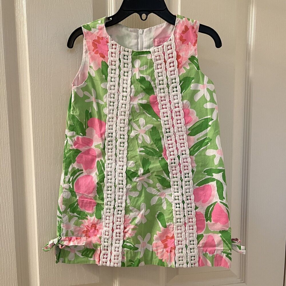 Lilly Pulitzer Classic Shift Dress Everything Nice Pink Green Floral Girls SZ 4